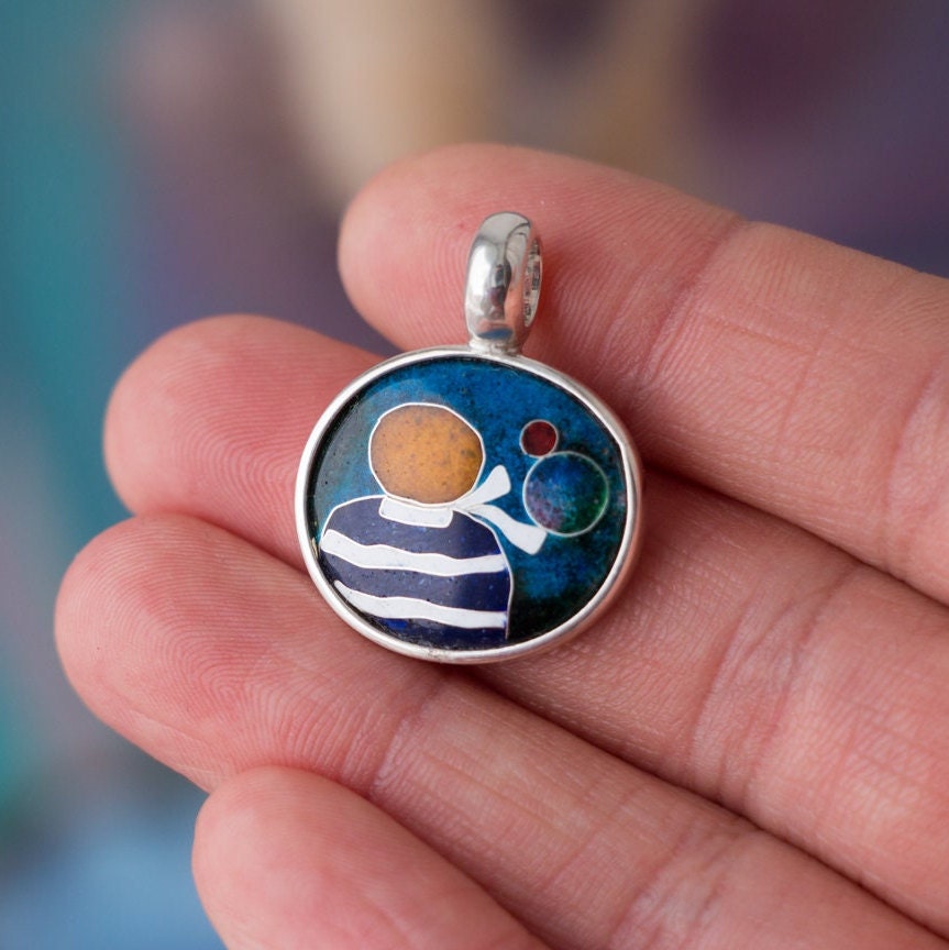 Circle enamel pendant Cloisonne enamel Sterling silver The Little Prince Handmade enamel pendant Planet Art jewelry