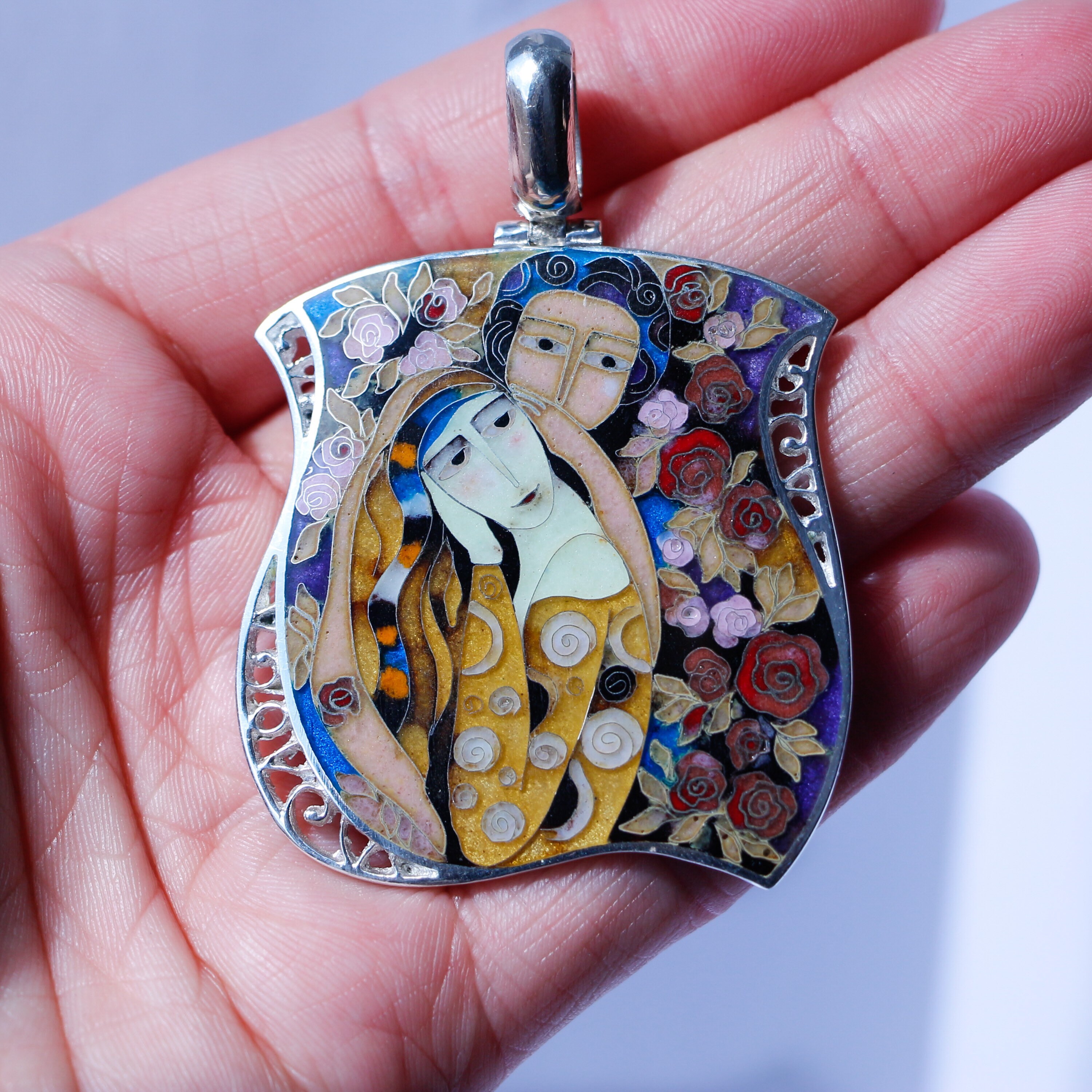 Love. Sterling Silver Pendant. Enamel Silver Pendant. Cloisonne Enamel