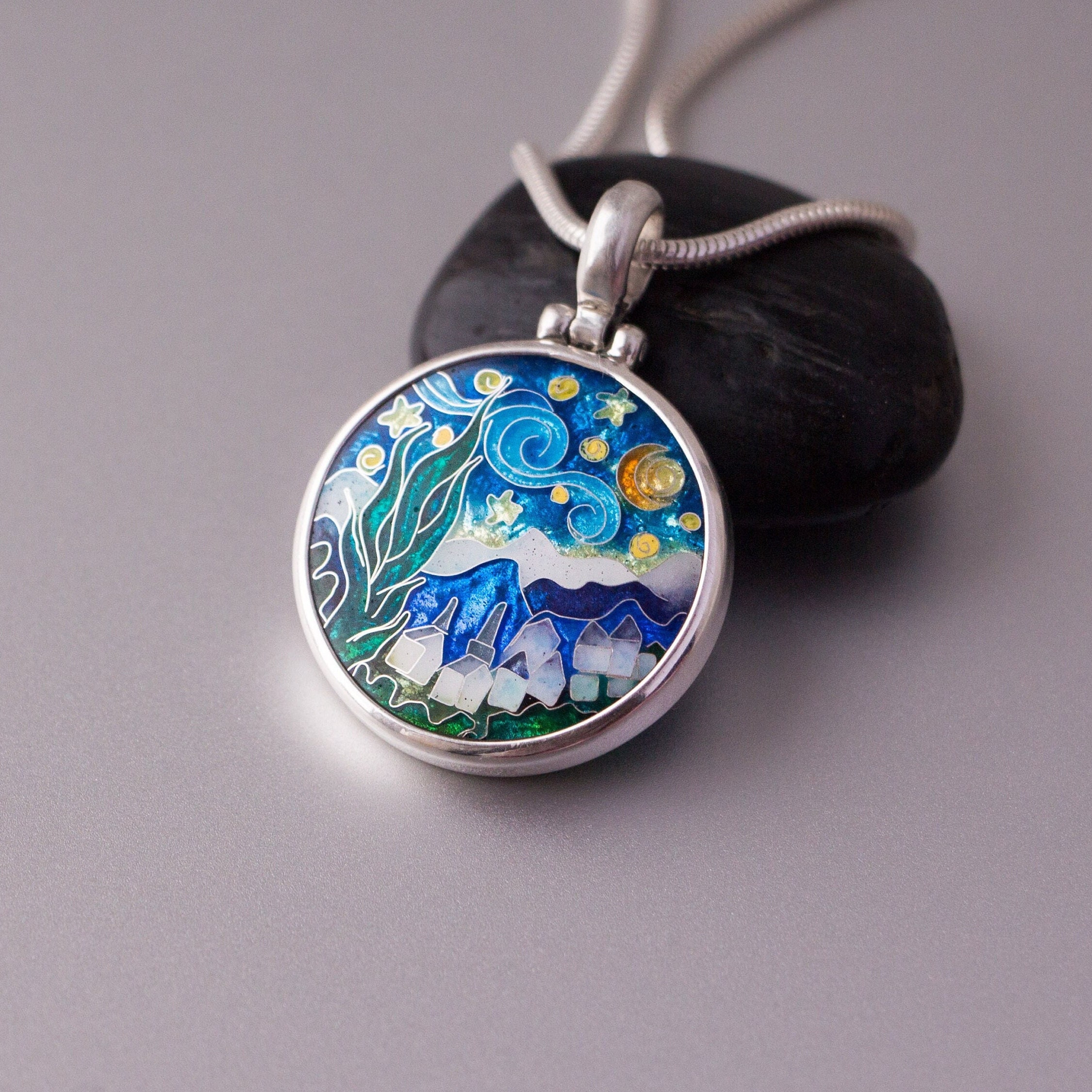 Enamel Pendant Cloisonne Enamel Sterling Silver Landscape Circle Enamel Pendant Double Sided Pendant Handmade Pendant Art Jewelry Etsy