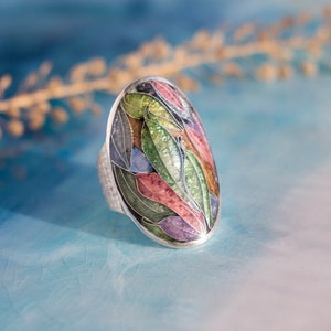 Enamel ring Sterling silver Cloisonne enamel Floral enamel ring Gentle autumn Handmade enamel ring Art jewelry Author’s work