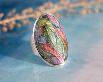 Enamel ring Sterling silver Cloisonne enamel Floral enamel ring Gentle autumn Handmade enamel ring Art jewelry Author’s work