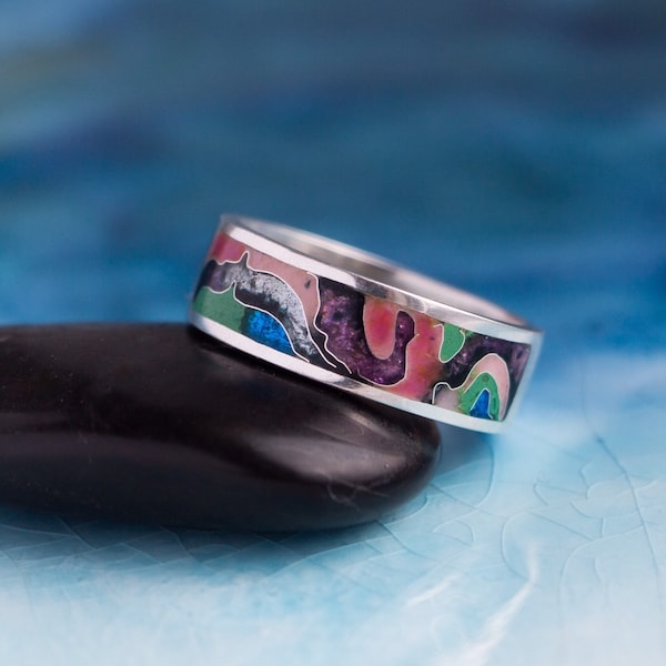 Enamel ring Cloisonné enamel Sterling silver Colorful enamel ring Women enamel ring Space Handmade ring Art jewelry Author’s work.