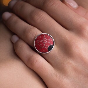 Enamel ring Sterling silver Cloisonné enamel Red enamel ring Circle enamel ring Red velvet Handmade enamel ring Art jewelry Authors work image 2