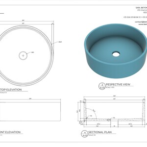 May include: A technical drawing of a concrete basin with dimensions in millimeters. The drawing shows the top, front, and sectional plan views of the basin. The basin is 340 mm in diameter and 150 mm in height.