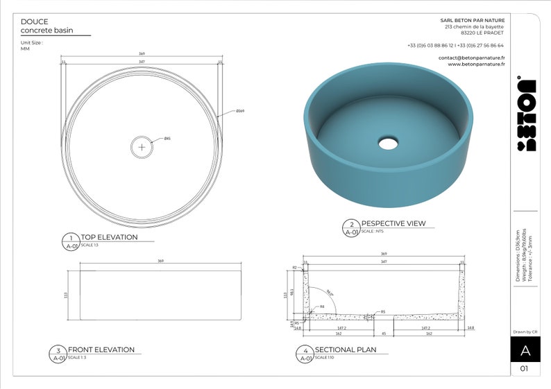 May include: A technical drawing of a concrete basin with dimensions in millimeters. The drawing shows the top, front, and sectional plan views of the basin. The basin is 340 mm in diameter and 150 mm in height.