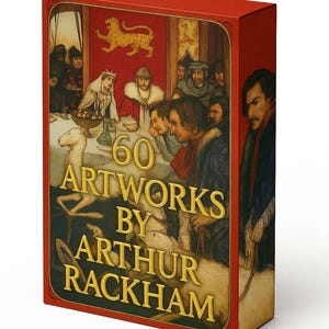 Op de afbeelding: Een rode doos met een gedetailleerde illustratie van een middeleeuwse banketscène. De doos toont de tekst "60 Artworks by Arthur Rackham" in gouden letters, wat duidt op een kunstcollectie.