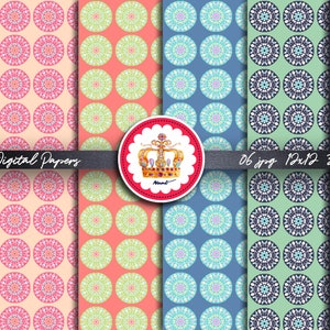 Può includere: Una collezione di nove carte digitali con motivi mandala circolari ripetuti in vari colori, tra cui giallo, rosa, verde, blu e blu navy. L'immagine include il testo "Des. 09 Digital Papers" e "06 jpg 12x12 300dpi". È presente anche un logo corona decorativo.