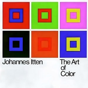 May include: A graphic design featuring six squares, each with a nested square in a contrasting color. The top row includes red, green, and pink backgrounds. The bottom row has black, orange, and blue backgrounds. The text reads "Johannes Itten" and "The Art of Color."