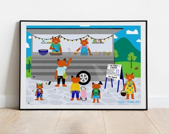 Foxes in the market poster illustration