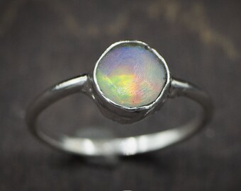 Real Natural Rainbow Opal and white 14k Gold bezel ring | Alternative Engagement ring with fire Opal in a bezel ring