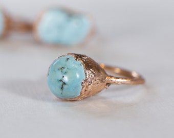 Genuine TURQUOISE and solid gold ring, 10k solid gold with rounded triangular organic setting