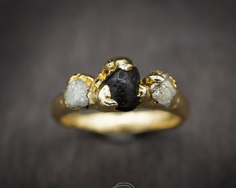 Solid 14k Gold engagement ring with Icelandic Lava and raw diamonds Multistone Solid Gold ring