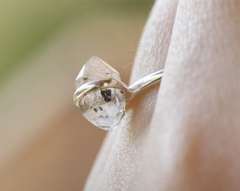 Diamond and white gold ring | Herkimer diamond ring | Dainty rough diamond ring | Herkimer silver ring