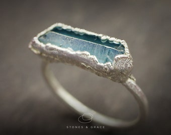 Men's Natural Faceted AQUAMARINE electroformed ring | Natural Aquamarine silver gold copper ring