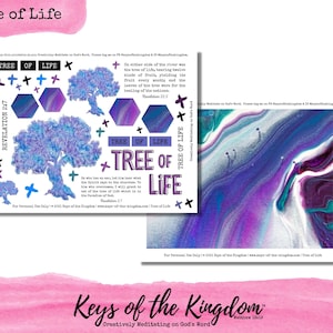 May include: A printable sheet with a watercolor-style image of a tree of life with the words "Tree of Life" and "Revelation 22:2" in purple text. The background is a pink gradient.