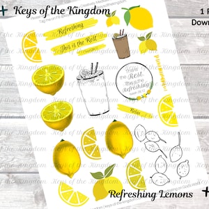 May include: Printable digital download of 16 lemon-themed stickers with bible verses and the phrase "Refreshing Lemons". The stickers feature yellow lemons, a glass of lemonade, and the text "Keys of the Kingdom".