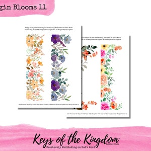 May include: Three watercolour floral borders featuring pink, orange, yellow, blue and purple flowers. The borders are labelled "Margin Blooms 11" and "Keys of the Kingdom" with the text "Creatively Meditating on God's Word" and "Matthew 18:19".