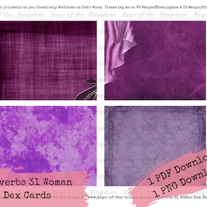 Könnte beinhalten: Vier digitale druckbare Hintergründe in Lila- und Lavendeltönen. Die Hintergründe zeigen eine Vielzahl von Texturen, darunter Leinen, Aquarell und verwittertes Papier. Der Text "Proverbs 31 Woman Dex Cards" befindet sich am unteren Rand des Bildes.