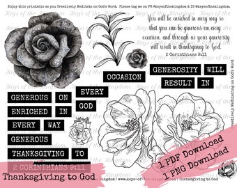 Bible Journaling Printable - Thanksgiving to God - Thanksgiving - Floral Printable - Easy to Print - Black & White Flowers - Florals