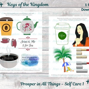 Puede incluir: Descarga digital imprimible de ilustraciones con temática de autocuidado. Las ilustraciones incluyen una taza de café, una tetera, una mujer rezando, una palmera con sombrilla y barras de labios. También se incluye el texto "Jesús y yo 2 para el té" y "Prosperar en todas las cosas - Autocuidado 1".