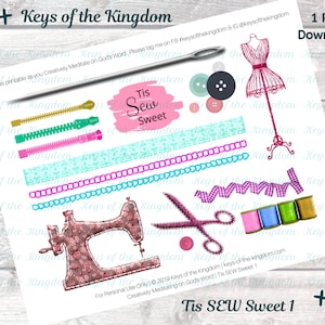May include: A printable sheet of sewing-themed clipart, including a sewing machine, scissors, buttons, zippers, and ribbon. The text "Tis Sew Sweet 1" is at the bottom of the sheet.