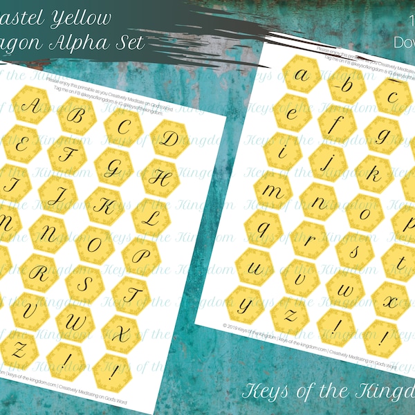 Bible Journaling Printable - Hexagon Alpha Set - Easy to Print - Hexagon Printable - Pastel Yellow Alpha Hexagons