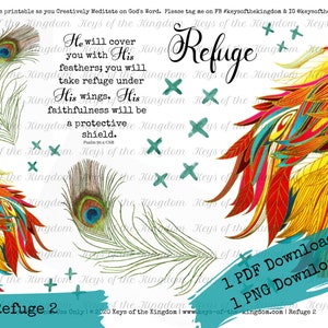 Bible Journaling Printable - Refuge 2 - God is our Refuge - Feather Printable - Easy to Print - Bright Feathers - Feathers - Planner