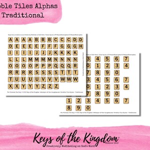 May include: Printable Scrabble tile alphabet and number set in black and white on a beige background. The tiles are arranged in alphabetical order and numbered 0-9. The text "Scrabble Tiles Alphas - Traditional" is at the top of the page. The text "Keys of the Kingdom" is at the bottom of the page.