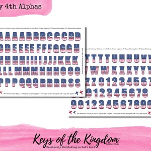 May include: Two sheets of printable alphabets and numbers with a patriotic theme. The letters and numbers are designed with the American flag's red, white, and blue colors. The text "July 4th Alphas" is at the top.
