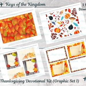 以下が含まれることがあります： 「2019 Thanksgiving Devotional Kit」と題されたデジタルダウンロードグラフィックセット。このセットには、秋をテーマにしたデザインの4枚のシートが含まれています。1枚のシートにはオレンジと黄色の葉が、別のシートにはカボチャと葉が、その他にはフレームと便箋があります。