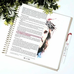 May include: A watercolor painting of Jesus Christ with a crown of thorns. The painting is on a white background with a gold border. The text "The Death of Jesus" is written in black at the top of the page.