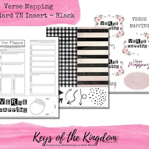 May include: A printable set of black and white printable planner inserts for a standard TN size planner. The inserts feature a black and white checkered pattern, black and white stripes, and black and white polka dots. The text "Verse Mapping" is featured on the inserts.