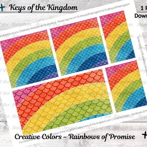 May include: Printable digital paper with a rainbow pattern of overlapping scales in shades of red, orange, yellow, green, blue, indigo, and violet. The paper is designed for personal use and includes the text "Keys of the Kingdom" and "Creative Colors - Rainbows of Promise".