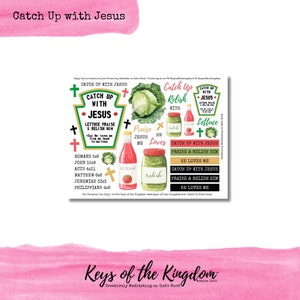 May include: A set of colorful printable stickers with a ketchup and relish theme. The stickers feature the text "Catch Up With Jesus" and bible verses. The stickers are perfect for adding a touch of faith to your planner, journal, or Bible.