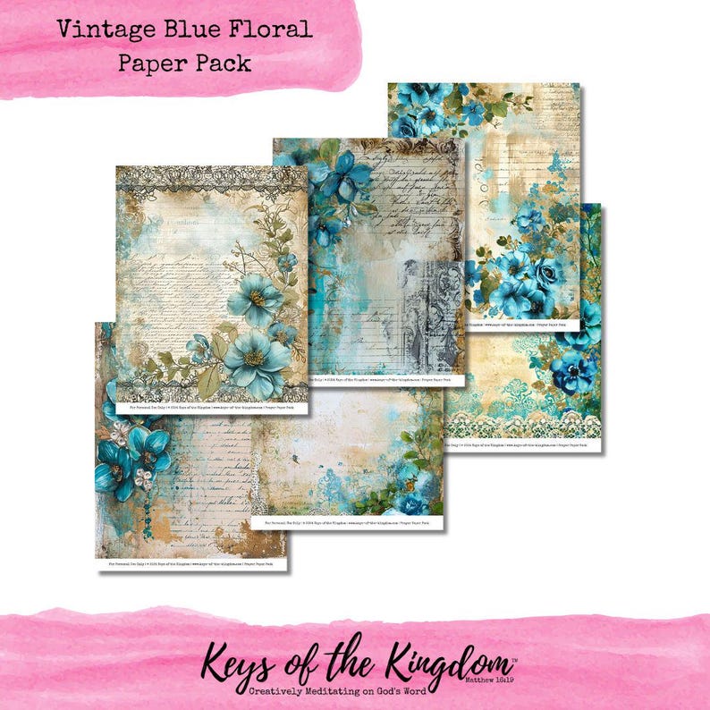 Vintage Blue Floral Paper Pack – Printable Journaling Kit (PDF Download ...
