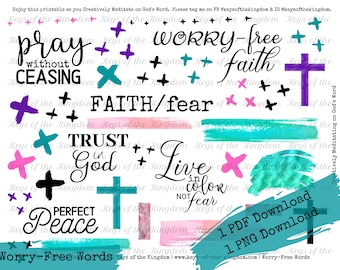 Bible Journaling Printable - Worry-Free Words - Easy to Print - No Fear - No Worry - Trust God - Journaling - Bible Study