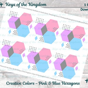 May include: Printable digital download of six geometric hexagon stickers in pink, blue, and gray. The stickers feature a repeating pattern of geometric shapes and are labeled "Keys of the Kingdom".