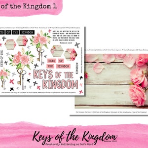 May include: Printable digital stickers with pink roses and keys, with the text "Keys of the Kingdom" and a Bible verse from Matthew 16:19. The background is a white woodgrain texture.
