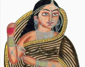 Lady of the House, A Kalighat style painting in coloured pencils- Hand-painted and Print version. Traditional Indian folk painting.