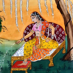 Woman feeding birds, Rajasthani-style painting, hand-painted and Print version, Interior Decoration, Home Decor, Wall Art, Indian Folk Art.