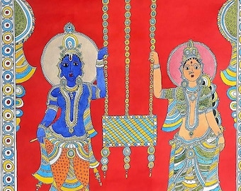 Pintura de Radha Krishna: arte popular indiana pintada à mão no estilo Kalamkari