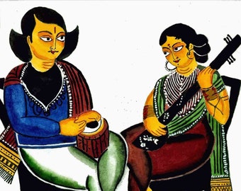 A MUSICAL SESSION.  Kalighat style painting in Watercolour. Hand-painted and Print version. Traditional Indian Folk painting.