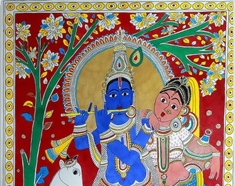 Radha Krishna-2, A Kalamkari style painting, Hand painted and Print version, Home Decor, Interior Decoration, Wall Hanging, Indian Folk Art.