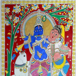 Radha Krishna-2, A Kalamkari style painting, Hand painted and Print version, Home Decor, Interior Decoration, Wall Art, Indian Folk Art.