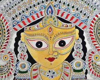 DURGA, Traditional Madhubani style painting in watercolour and Ink on Imperial size paper for collection, home decor and home improvement