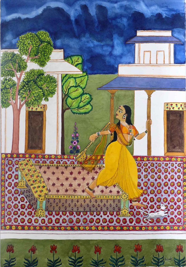 Patamanjari Raga, Ragmala painting, Rajasthani/Mughal style, Water colour, Home Decor, Traditional Indian art, Handmade and Print versions. image 2