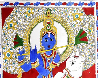 Krishna, A Kalamkari style painting, Hand painted and Print version, Home Decor, Interior Decoration, Wall Hanging