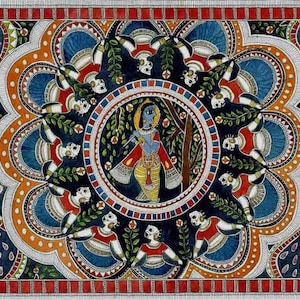 Raas at Brindaban- A Madhubani style painting- Hand painted and Print version. Indian Traditional Folk Art