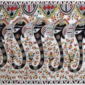 Elephants - A Madhubani style painting- Hand painted and Printed version, Madhubani Indian Folk Painting.