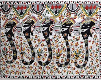May include: A traditional Indian folk art painting depicting five black elephants with white eyes and tusks, standing in a row against a white background with colorful floral designs.